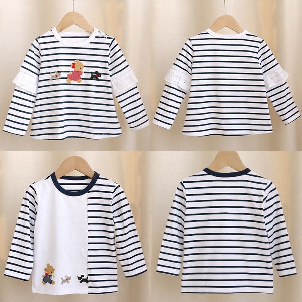 T-shirts F Famille Autumn Boy Girl Cartoon Bear Brodemery Stripe à manches longues T-shirt Underseurs et sœur Clothing Children's Clothing 230427