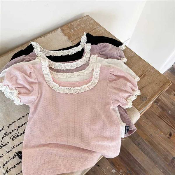 T-shirts French Style Big Collar Baby Girls Girls Soft Cozy Mesh Summer Kids Kids Short Bubble Sleeve Blouse 1-7 Years Children Vêtements H240425