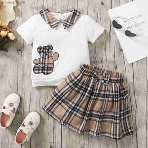 T-shirts Girls 1-6 jaar oude lente en zomer Koreaanse versie van de burst schattige beer print korte mouw met korte mouwen Top geruite rok prinses Suitl2404