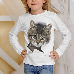 T-shirts filles 3d chat graphique t-shirt tee manche longue 3d imprimé automne enfants 3-12 ans