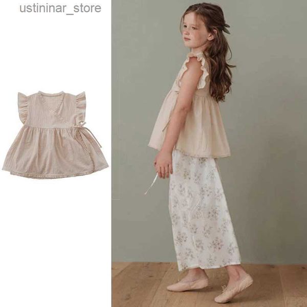 Camisetas Blusa para niñas Nueva ropa de verano para niños Camiseta con cuello en V y mangas con volantes para bebés Tops Blusa informal de algodón blanca para niños pequeños Blusa de lolita 24328