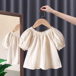 T-shirts Girls 'Summer Cotton and Hemp Short Sleeveved T-shirt 2023 Girls' Lace Top Korea Lantern Sleeve T-shirt P230419