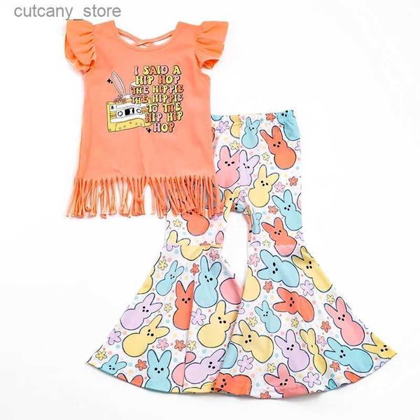 T-shirts Girlymax pâques printemps bébé filles lapin Hip Hop gland haut Boutique vêtements coton cloche-bas pantalon ensemble L240311