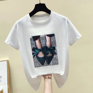 Gkfnmt-camisetas blancas y negras de algodón para mujer, camiseta informal de manga corta con cuello redondo, camiseta ajustada con apliques para mujer 2021