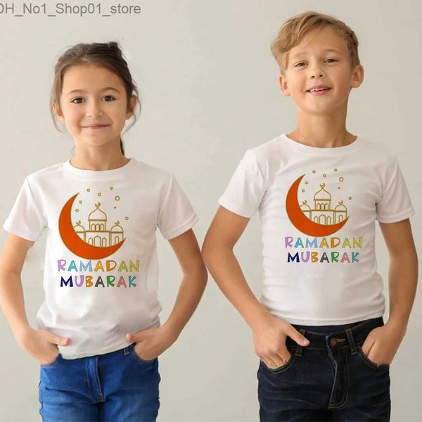 Camisetas felices ramadán mubarak estampado para niños camiseta niña camiseta eid ramadán niños camiseta manga corta atuendo musulmán islámico tops Q240218