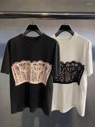 Camisetas de alta calidad para mujer, Top con cuello redondo, camiseta de manga corta con estampado frontal y trasero para mujer 22, sujetador de encaje para el cuerpo para principios de primavera