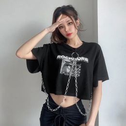 T-shirts Hiphop Black Tops met ketting Women Harajuke losse print T-shirt vrouwelijke streetwear oneck korte mouwen bijgesneden topdans