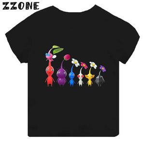 T-shirts Hot Selling Video Game Pikmin 4 Cartoon Imprimé Childrens T-shirt Girl Vêtements Baby Boy Black Black à manches à manches
