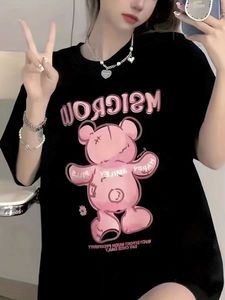 T-shirts Ins Cartoon Pink Bear Lettre mignon imprime BF Style long T-shirtl2404