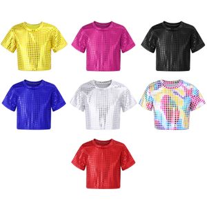 T-shirts Jazzdanskostuums Kinderen Jongens Meisjes Glanzende pailletten Korte mouw Effen kleur T-shirt Crop Tops Street Stage Performance Wear 230620