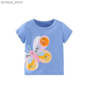 T-shirts Jumping Meters 2-7t Girls T-shirt 2024 Été Childrens Vêtements à manches courtes t-shirts Top Top Baby Butterfly Decal Shirtl2405