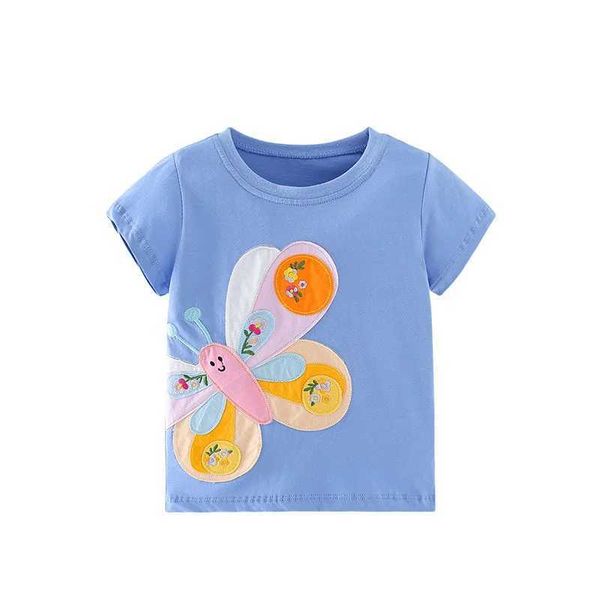 T-shirts Jumping Meters 2-7t Girls T-shirt 2024 Summer Childrens Vêtements à manches courtes t-shirts Top Top Baby Butterfly Decal Shirtl240509