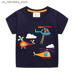 T-shirts Jumping Meters Nouveaux garçons d'arrivée T-shirt Summer Coton Carton Aircraft broderie Preschool Childrens T-shirt Baby Top Q240418