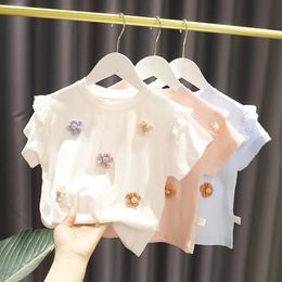 T Shirts Kaus Anak Perempuan Musim Panas Bottoming Katun Kecil Atasan Lengan Pendek Renda Lucu Bayi Anak Baru 230426