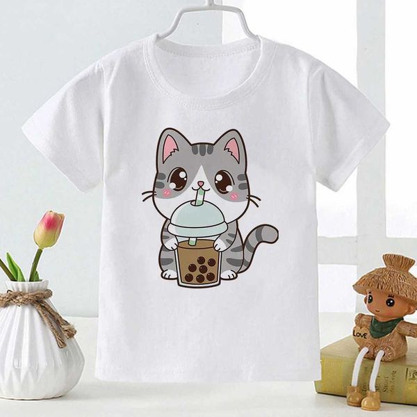 Camisetas Kawaii Cat Leche Té Impreso Camisa Camiseta de algodón Super Linda Tendencia de la moda Camiseta de la niña