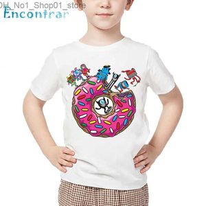 T-shirts enfants dessin animé paresseux/carlin en rose beignet imprimé drôle T-shirt bébé été hauts garçons et filles blanc doux T-shirt Q240218