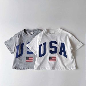 T-shirts Korea Summer Kids Boys Girls T-shirt USA PRINT T-SHIRT T-SHIRT Katoen Casual Tops Infant Outfit Peuter Kleding 6M-4Y H240425