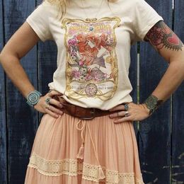 T-Shirts Kuakuayu HJN WILD CHILD Duty Angel imprimé kaki t-shirt Boho Gypsy Girl imprimé t-shirt hauts coton abricot bohème haut