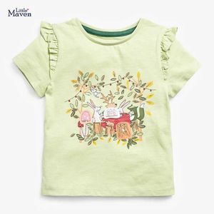 T-shirts Little Maven 2024 Baby Girls T-shirt vert avec animaux Coton Beau Tops Enfants Vêtements décontractés pour enfants 2-7 ans Y240521