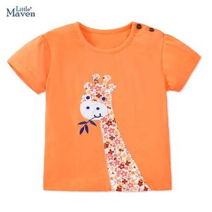 T-shirts Little Maven 2024 Babymeisjes Top T-shirt Sticker Kinderkleding Zomer Cartoon Giraffe Childrens Clothingl2405