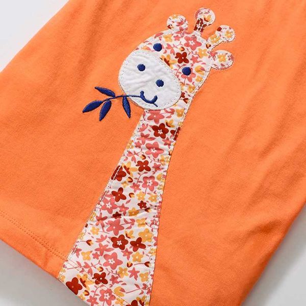 T-shirts Little Maven 2024 Baby Girls Tops Tees Appliques Vêtements pour enfants Orange T-shirts Summer Cartoon Giraffe Kids Vêtements Y240521