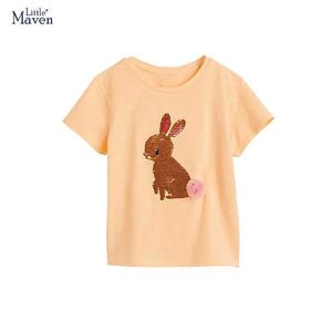 T-shirts Little Maven 2024 Girls T-shirts Cartoon Rabbit Sequin Childrens Clothing T-shirts Summer Kids Tops Tees For Girls Vêtements Y240521