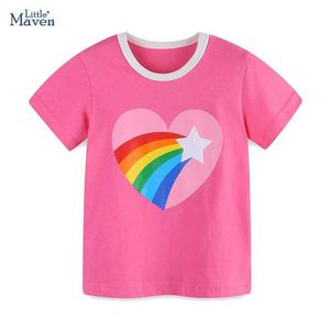 T-shirts Little Maven 2024 New Kids Clothes Tops Corée Adolescents Baby Girls Blouses T-shirt Carton Hearts Rainbow Cotton Tops Chidlren Y240521