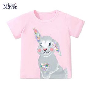 T-shirts Little Maven 2024 Zomer Teuters Childrens Kleding Verjaardagsgeschenken T Shirts Cartoon Konijnen Babymeisjes Kinderkleding Katoen Y240521