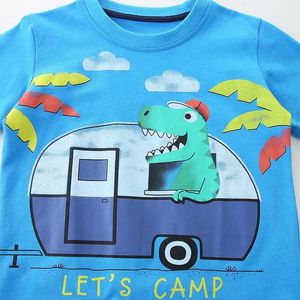 T-shirts Little Maven Childrens Clothing 2024 Summer Tops Nieuwe Kinderkleding Peuter Baby Boys Tees Cartoon Camp Dinosaur T Shirts Cotton Y240521