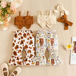 T-shirts ma baby 3-18M nouveau-né bébé fille vêtements ensembles enfant en bas âge infantile tricot arc gilet haut Floral vache Flare pantalon bandeau tenues d'été D01 L240311