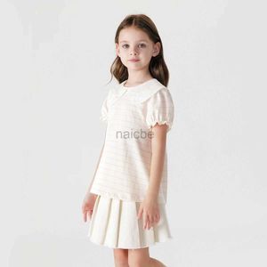 T-shirts Marc Janie Girls Lace Collar Bubble Sleeve Striped Short Sleeve T-Shirt Childrens Top voor Summer 240786 240410
