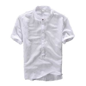 T-shirts Mannen Korte Mouw Katoen Linnen Casual Tops Mandarijn Kraag Effen Kleur Tees Male Zomer Kleding Harajuku 210601