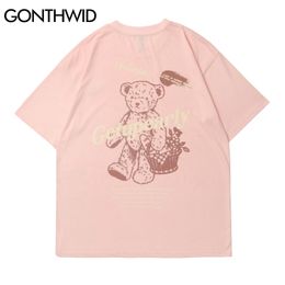 T-shirts hommes Streetwear Hip Hop dessin animé ours fleur panier imprimer à manches courtes t-shirts coton décontracté Harajuku t-shirts hauts 210602