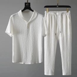 Camisetas Nuevas llegadas de manga corta para hombres Camiseta de manga corta de los hombres+set de dos piezas camisa sólida+pantalones trajes caseros tamaño m4xl