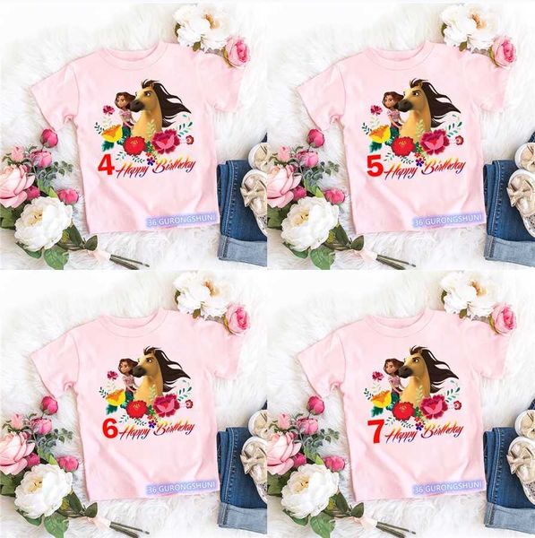 T-shirts Nouveaux mignons 2-10 ans Happy Brithday T-shirt Horse Spirit Mustang T-shirt Anime Vêtements Baby Boys Girls T-shirts Pink Tees Top T240509