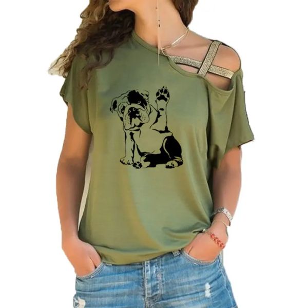 T-shirts Nouveau bouledogue anglais chien animal de compagnie imprimé t-shirt femmes haut à manches courtes femme hauts vêtements irrégulier biais croix bandage t-shirt