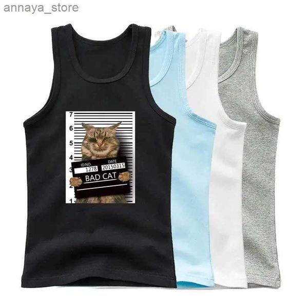 T-shirts Nouveau mode de chat super mignon Bad Cat Fun Design Design sans manches enfants T-shirtl2405