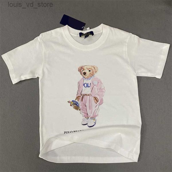 T-shirts Nouveau Rl Cascus Cotton Pink Pink Suit Petit ours Boys T-shirt Girls T-shirt Childrens Round Neck T240416