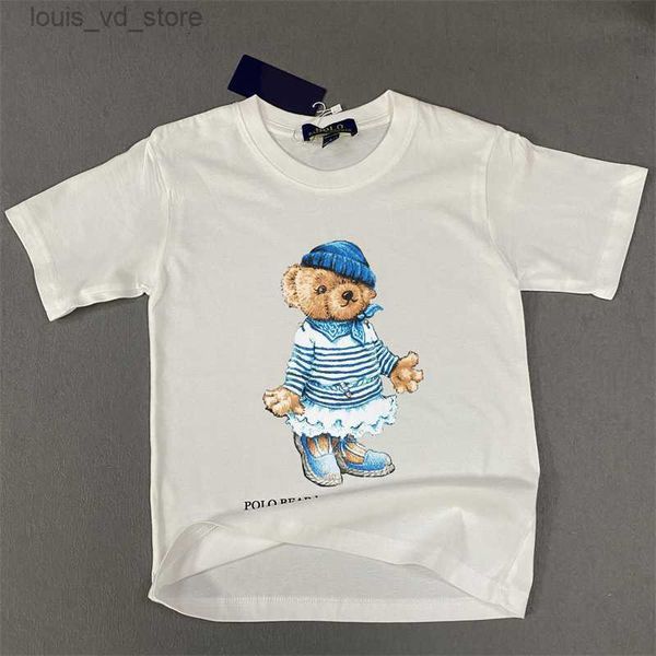 T-shirts Nouveau rl rl décontracté coton pur rayé à rug jupe petit ours garçons t-shirt filles t-shirt enfants cou rond cou t240416