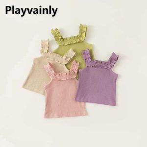 T-shirts nieuwe zomer babymeisje vest paars/groen/roze pit streep agarische rand vierkante kraag mouwloze sling top kinderen kleding H240507