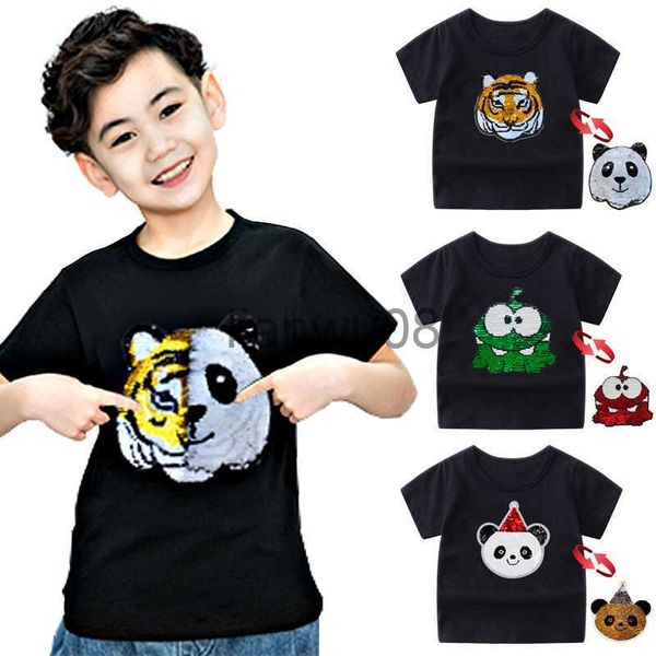 Camisetas Panda Tiger Dinosaur Sequin Camiseta para niños para niños Camisetas para niños Camiseta con estampado de dibujos animados Tops de verano Camisetas para ropa de bebé x0719