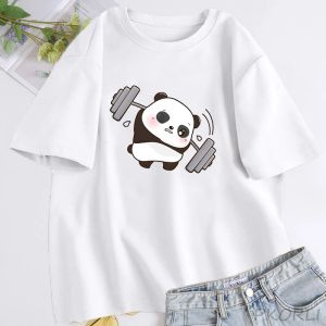 T-shirts Panda T-shirts De strijd is echt Gewichtheffen Fitness Gym Schattig T-shirt Dames Grappige katoenen T-shirts Oversize dameskleding