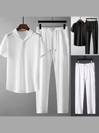 T-shirts broek man Casual klassieke zachte losse lange broek set mannen 2024 zomer mode solide katoen snel drogende pakken 240412