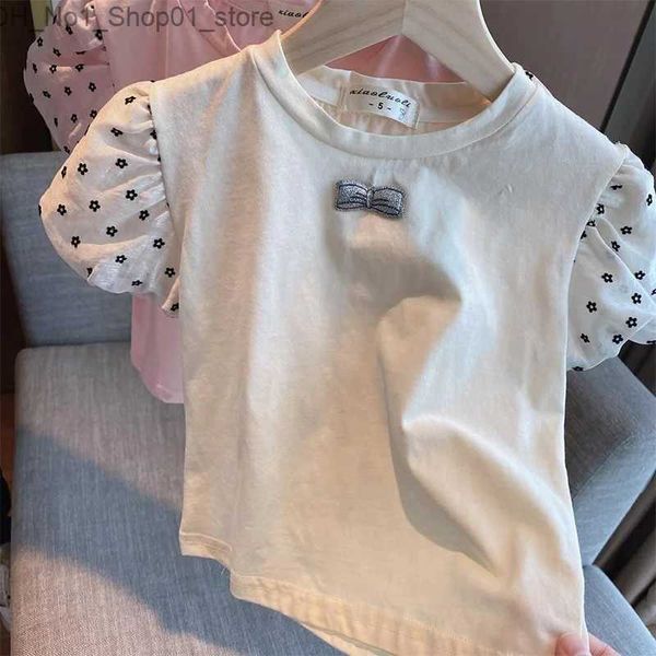 Camisetas Princesa Estilo Empalme Arco Top Ropa para niños Moda Cuello redondo Floral Impreso Burbujas Manga corta Verano Blanco Jersey Camiseta Q240218