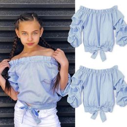 T-shirts PUDCOCO né enfant en bas âge bébé enfant fille bleu blanc rayé à manches longues volants épaule t-shirt Blouse hauts vêtements 3 11T 230508