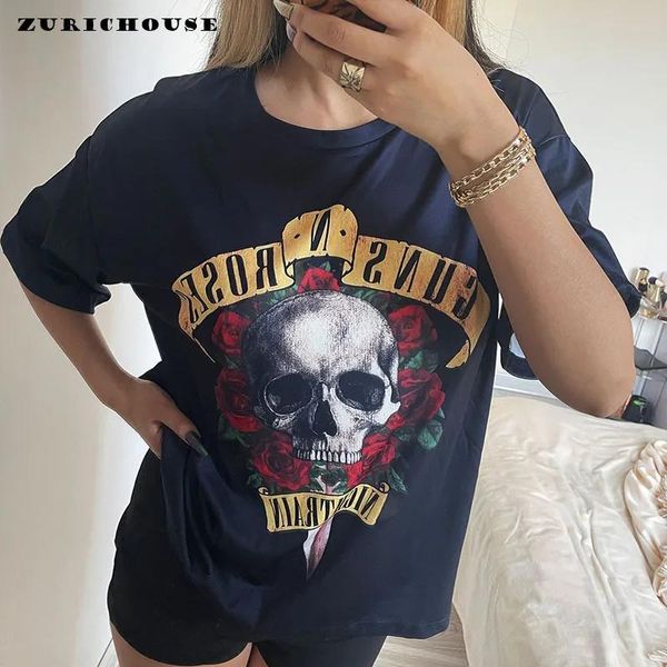 T-shirts Punk Noir Tshirt Femmes et Hommes Goth Guns N' Roses Coton T-shirts Streetwear Crâne Rose Imprimé Été Hauts Femme SXXXL Camisetas