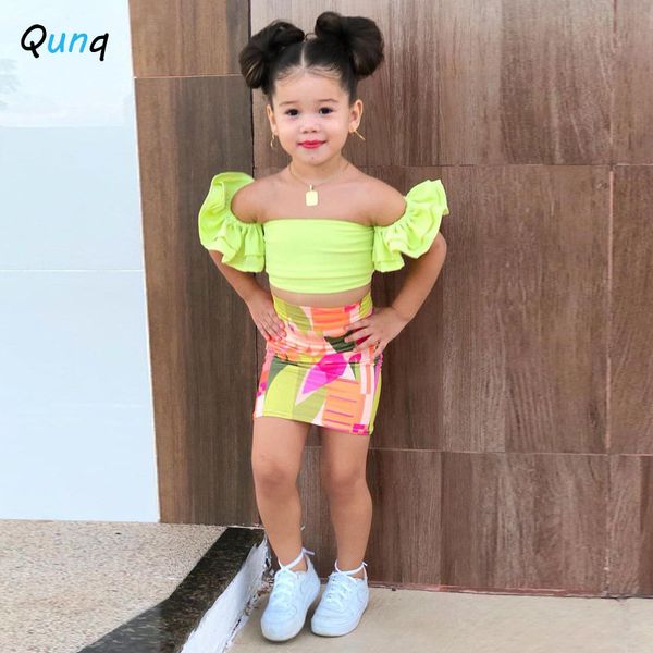 T-shirts Qunq 2023 été filles belle épaules dénudées volants haut à manches courtes imprimer jupe 2 pièces ensemble décontracté enfants vêtements âge 3 T 8T 230713