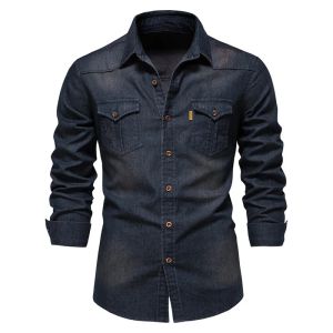 T-shirts Spring à manches longues de la chemise en jean pour hommes de haute qualité Coton Elastique décontracté Slim Streetwear Vêtements Cowboy Shirts Men Black