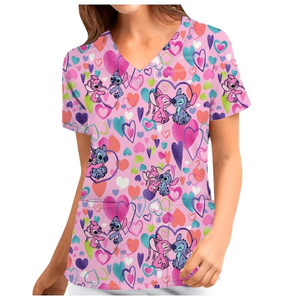 T-Shirts Stitch's vilain dessin animé rose imprimé, col en V, uniforme d'infirmière féminine, haut de gommage à manches courtes, salopette de gommage vétérinaire pour animaux de compagnie