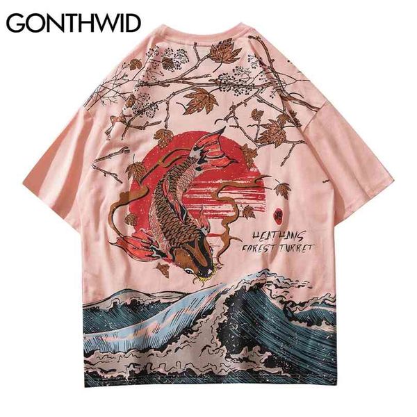 T-shirts Streetwear Harajuku Hommes Japonais Koi Fish Sun Leaf Waves Imprimer Coton T-shirts à manches courtes Casual Hip Hop Tops 210602
